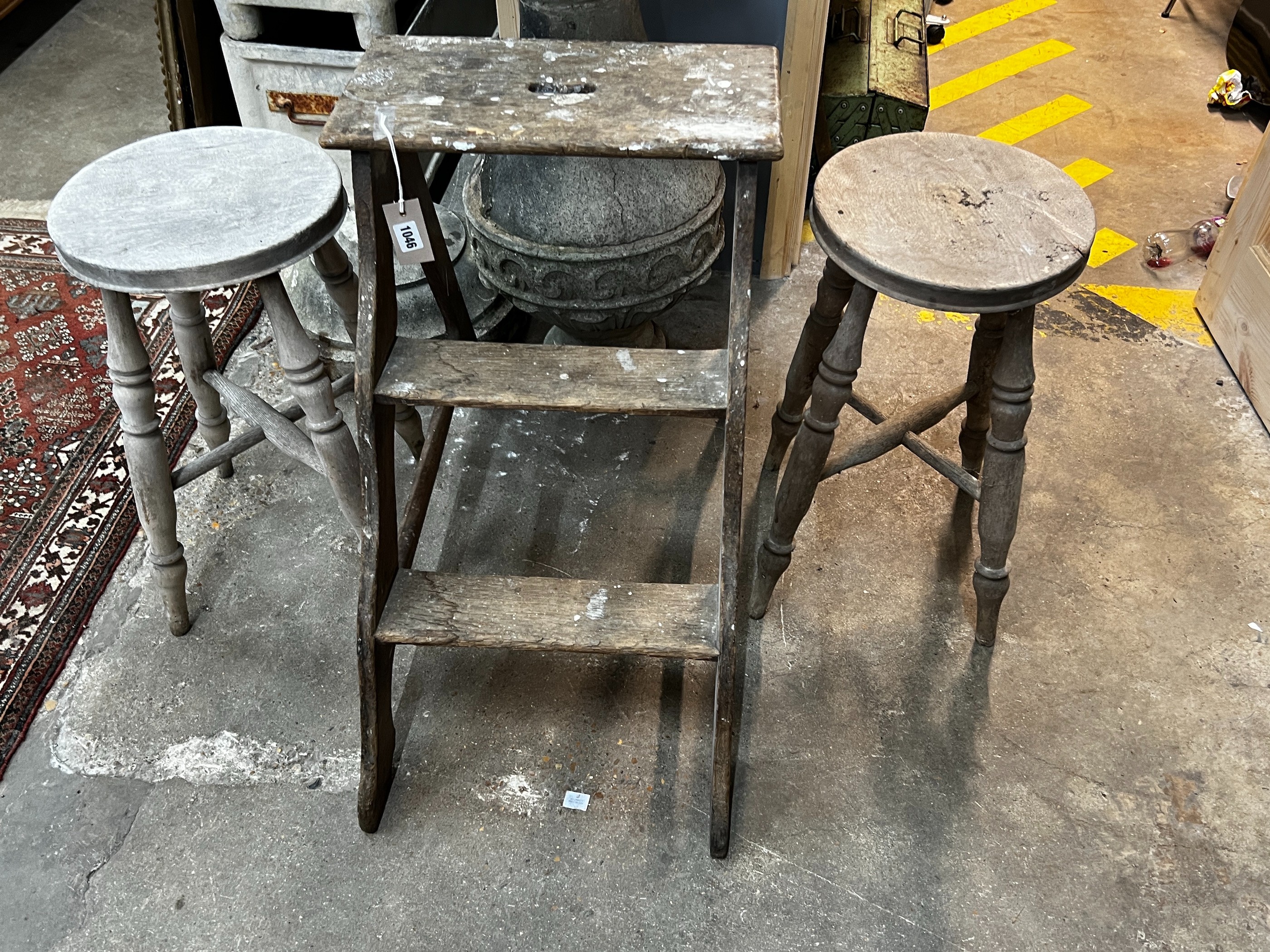 A set of provincial oak steps, height 67cm together with a pair of bleached stools